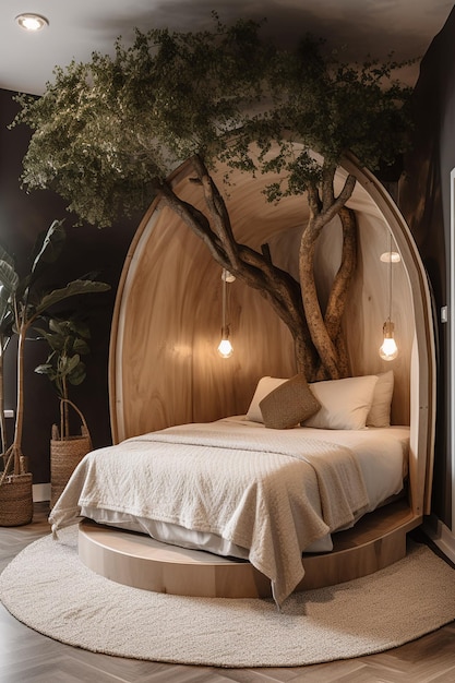 Una cama con un árbol dentro.