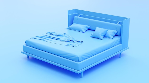 Cama azul en un piso azul, dormitorio minimalista en tonos azules - ilustración 3D