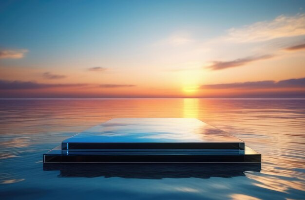una cama en un barco está en el agua con el sol poniéndose detrás de ella