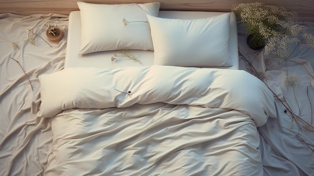 Una cama bellamente arreglada con un edredón blanco y flores.