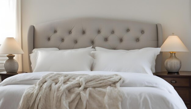 una cama blanca con una cabecera blanca y almohadas con un diseño dorado en la espalda