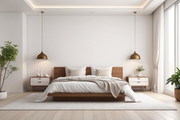 Cama blanca cálida en un día feliz renderizado en 3D