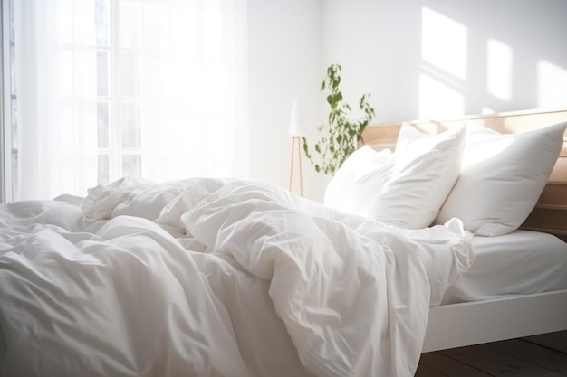 Cama blanca matutina en el dormitorio iluminada por la luz del sol generativa ai