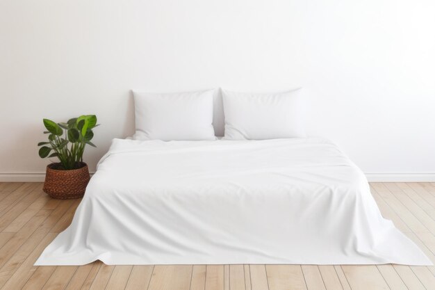 Foto una cama blanca y nítida en una cama minimalista con una planta en olla al lado