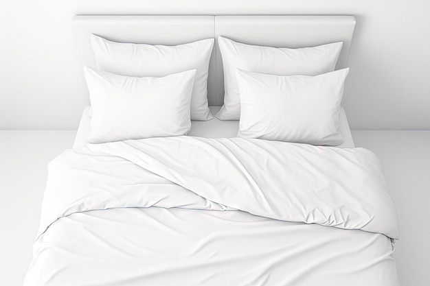 Cama blanca con ropa de cama y almohadas blancas aisladas en el interior de un dormitorio