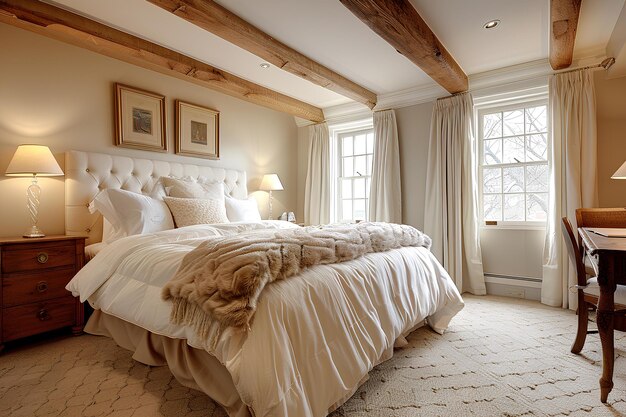 Una cama blanca sentada en un dormitorio junto a una ventana