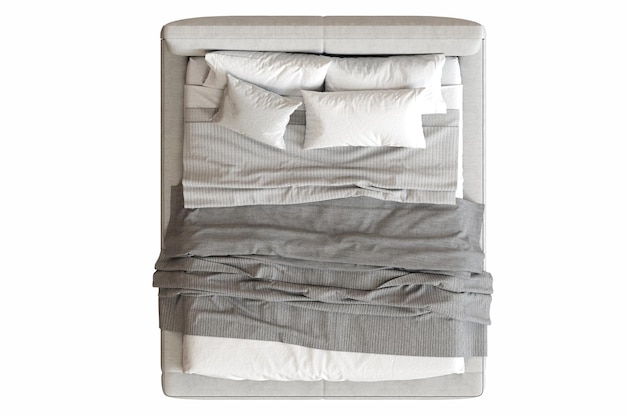 una cama blanca con varias almohadas y un fondo blanco