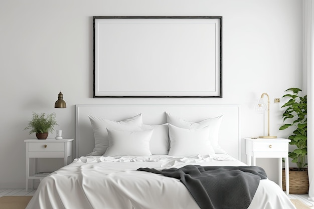 Cama branca com pôster horizontal em branco Rota de recorte de quadro de pôster isolado