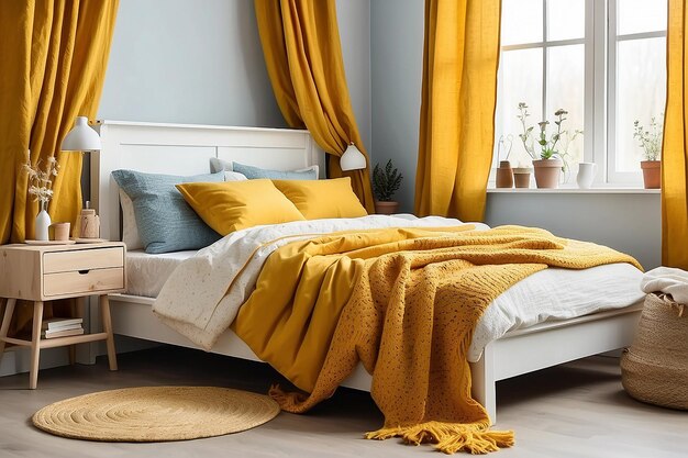 Foto cama con cabeza de cama de madera sábanas blancas cojín ocre y manta de punto amarillo en foto real del interior de la habitación de adolescente blanco con armario vintage escalera con cubierta y ventana con cortina azul