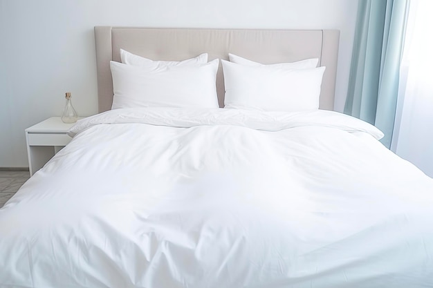 Cama de cama acogedora, ropa de cama blanca con cabecera azul y mesa de noche, ropa de algodón en la cama con