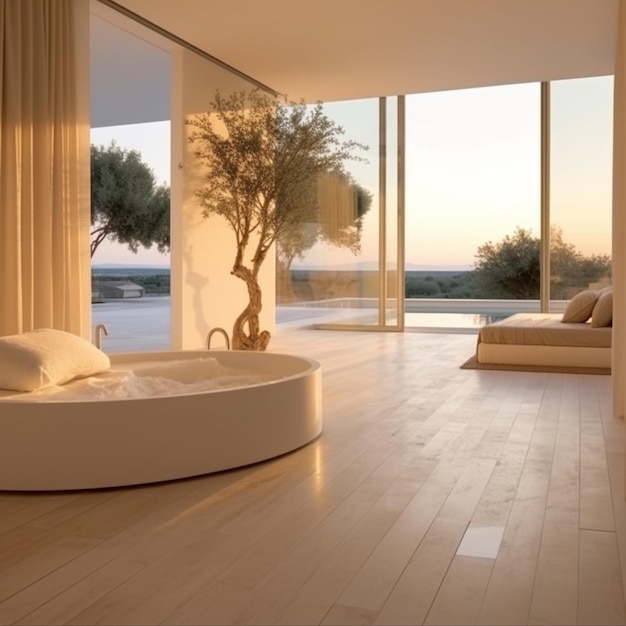 cama circular blanca arafed en una habitación grande con vista generativa ai