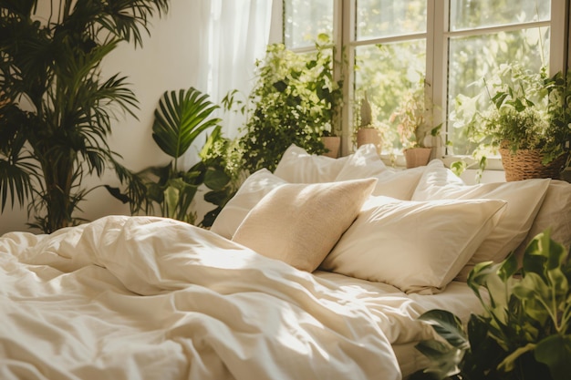 una cama con un cobertor blanco y almohadas