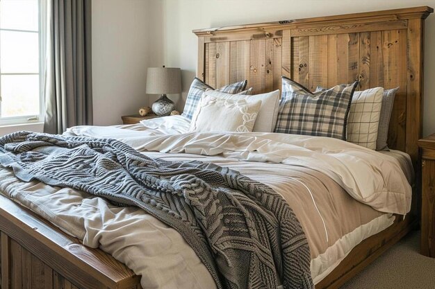 una cama con un cobertor blanco y un cabecera de madera