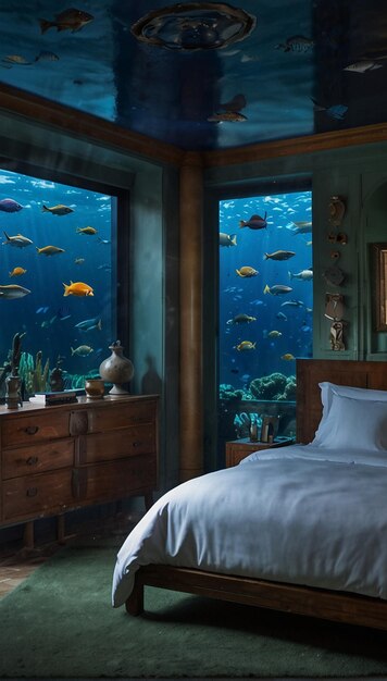 una cama con un cobertor blanco y un gran tanque de peces