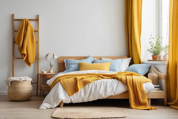 Cama com cabeceira de cama de madeira lençóis brancos almofada ocre e cobertor de tricô amarelo em foto real de quarto de adolescente branco interior com armário vintage escada com cobertor e janela com cortina azul