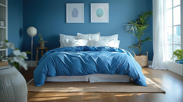 Cama com cobertor azul junto à janela