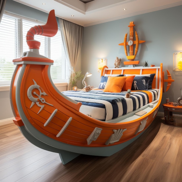 Foto cama com tema de barco num quarto aconchegante