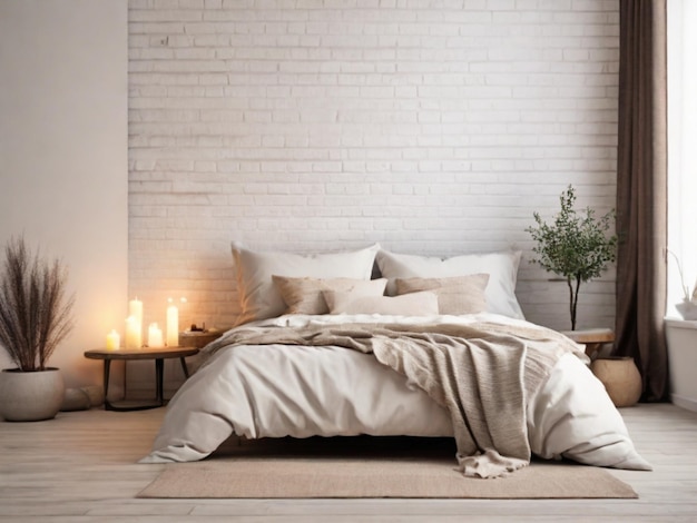 Cama com travesseiros e cobertor perto da lareira contra parede de tijolos brancosdesign interior de camas modernas