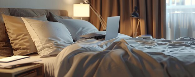 Cama como laptop y notas para el espacio de trabajo matutino