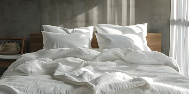 Cama cómoda con almohadas blancas suaves y ropa de cama en el fondo de la cama Ai Generado