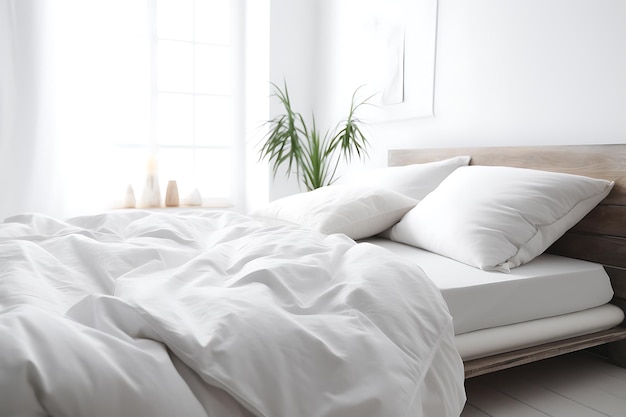 Cama cómoda con colchón blanco suave, manta y almohadas