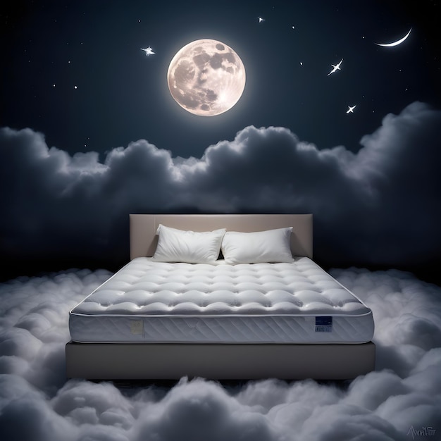 Cama cómoda con la luna y las estrellas en el cielo