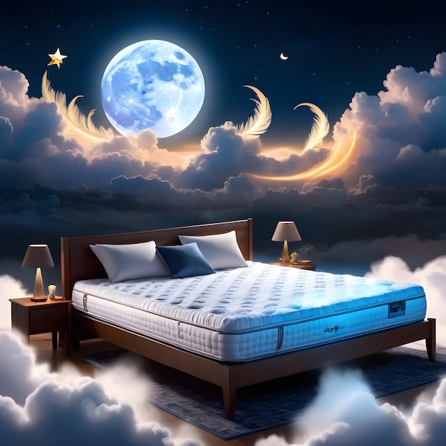 Cama cómoda con la luna y las estrellas en el cielo