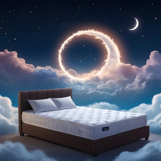 Cama cómoda con la luna y las estrellas en el cielo