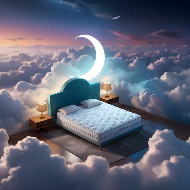 Cama cómoda con la luna y las estrellas en el cielo