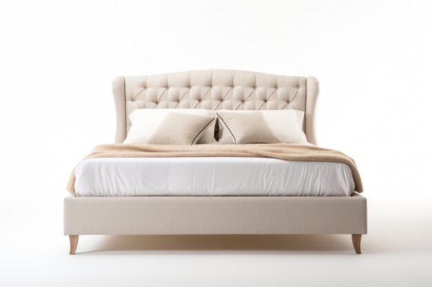 Cama cómoda de toques beige aislada sobre un fondo blanco