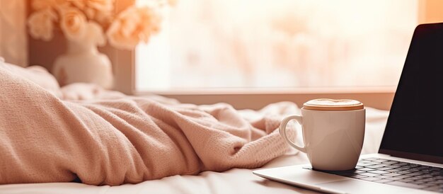 Cama con computadora portátil y taza de café