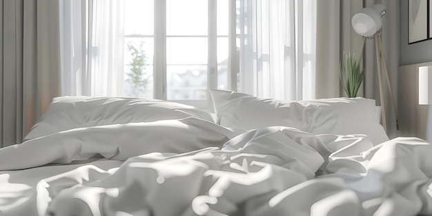 Cama confortável com almofadas brancas macias e roupa de cama na cama fundo Ai Gerado