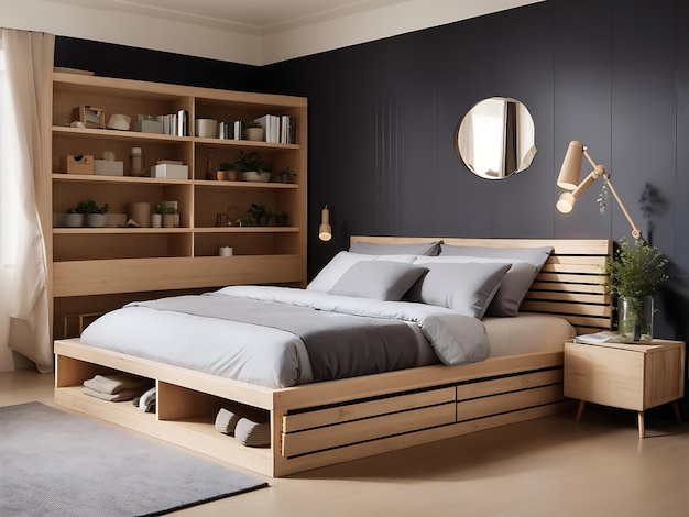 Cama confortável com espaço de arrumação para roupa de cama sob uma base de ripas num quarto elegante