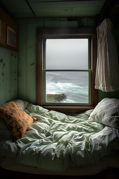 Cama confortável de madeira dura junto à janela com vista para o oceano em uma sala pequena