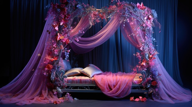 Una cama con una cortina que dice " el nombre de la compañía "