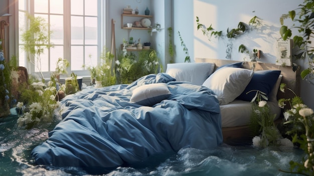 Cama cubierta de agua junto a una ventana