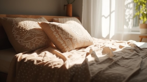 Cama con cubrecama marrón bordado en blanco y gris Generativo ai