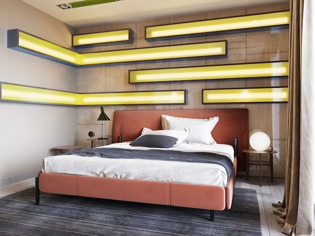 Cama de cuero moderna con mesillas con lámparas en el dormitorio contemporáneo. Estantes iluminados, paneles de pared brillantes, cabecero de cuero. Representación 3d