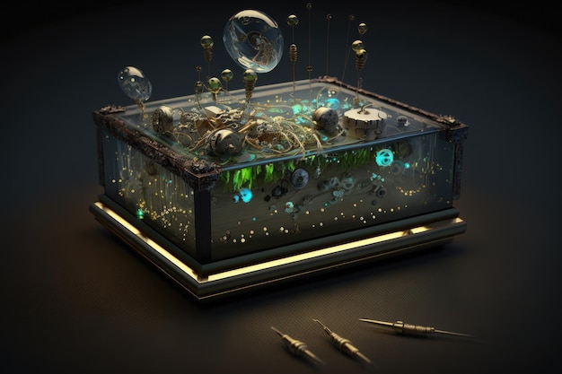 Cama de agulha de caixa de música com decorações de vidro quebrado em fundo escuro criado com generative ai