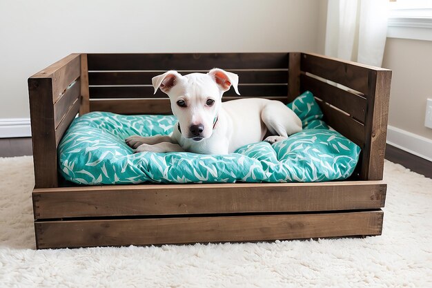 Cama de animais de estimação de caixa de madeira DIY com roupa de cama aconchegante