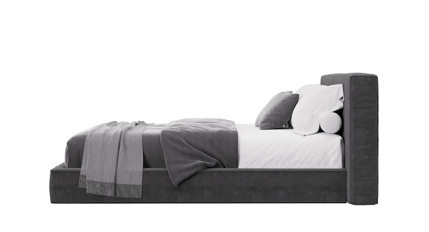 Cama de casal isolada em fundo branco Vista lateral Mobiliário moderno Cama cinza e branca Linda cama estilo contemporâneo renderização em 3D