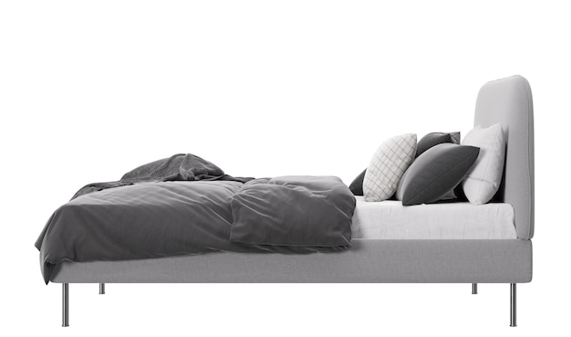 Cama de casal isolada em fundo branco Vista lateral Mobiliário moderno Cama cinza e branca Linda cama estilo contemporâneo renderização em 3D