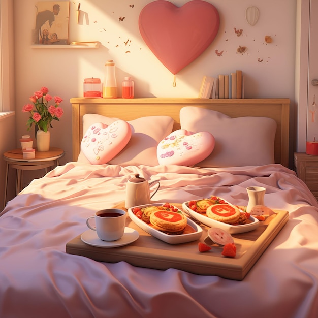Foto cama de casal no modo dia dos namorados com pequeno-almoço café pão bolo suco luz solar