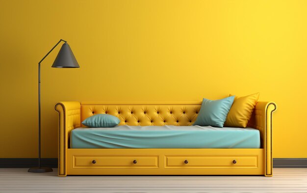 Foto cama de enrolamento parede de fundo amarela