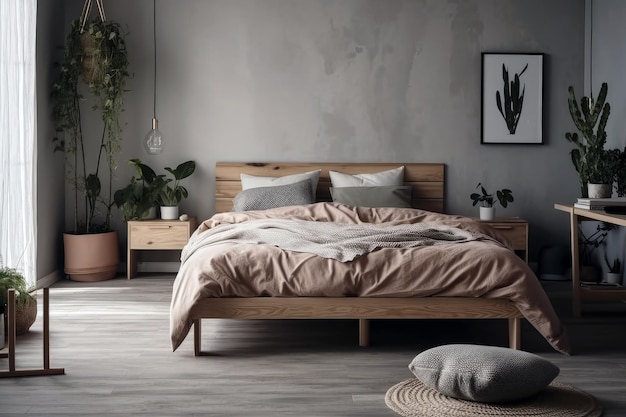 Cama de estilo escandinavo com estrutura simples e roupa de cama aconchegante IA generativa