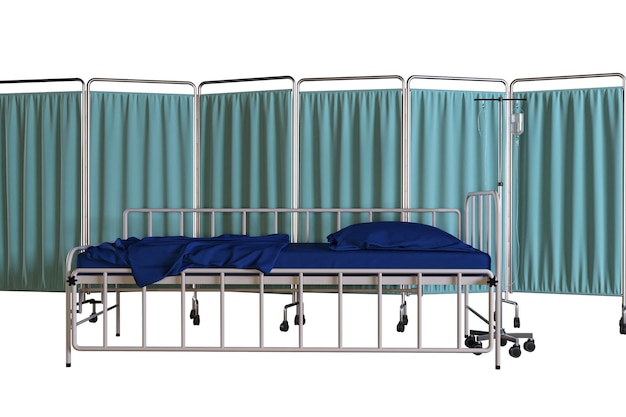 Cama de hospital com colchão azul, monitor de altura ajustável, rodas de suporte e imagem de renderização 3D IV