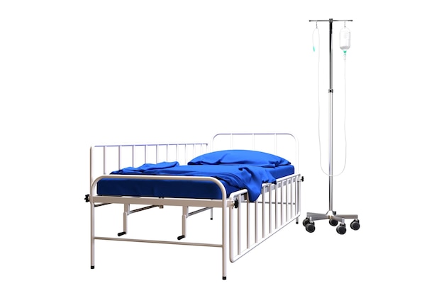 Cama de hospital com colchão azul, monitor de altura ajustável, rodas de suporte e imagem de renderização 3D IV