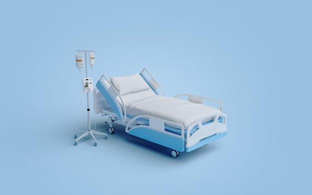 Cama de hospital isolada em fundo azul renderização 3D
