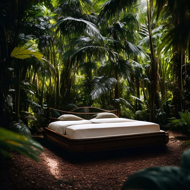 cama de luxo na floresta tropical cinematográfico e o amplo prado luz do dia generativo ai