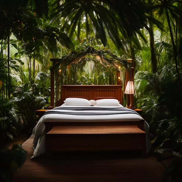 Foto cama de luxo na floresta tropical cinematográfico e o amplo prado luz do dia generativo ai